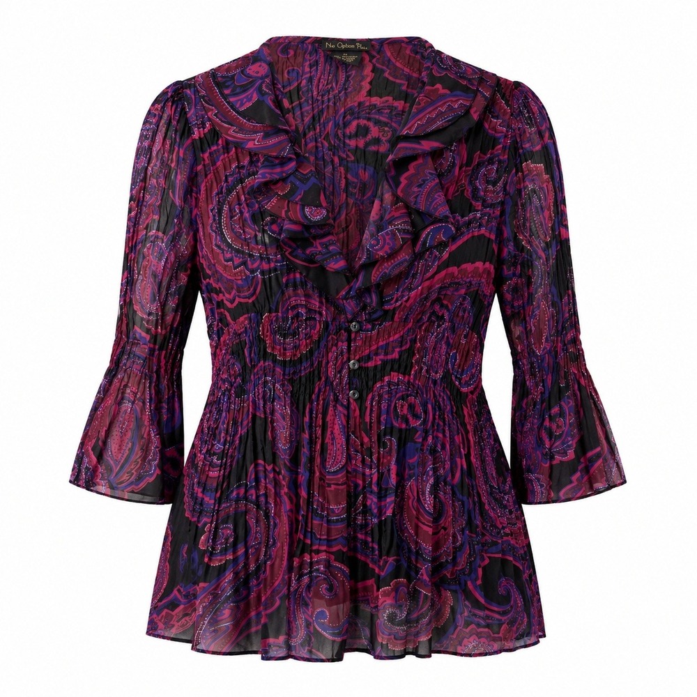 Nue Options Wimsygoth Paisley‎ Ruffle Neck Button Front Sheer 3/4 Sleeve Top PL